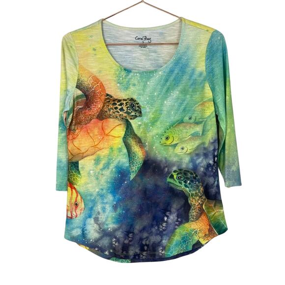 Coral Bay Tee Womens Small Colorful Turtle Fish Rhinestones 3/4 Sleeves - Picture 1 of 14